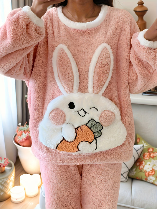 Peluş Kışlık Uzun Tavşan Desenli Kadın Pijama Takımı