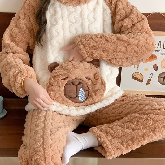 Ayı Desenli Kahverengi Flanel Kışlık Uzun Kollu Pantolonlu Kalın Astarlı Kadın Sevimli Pijama Takımı